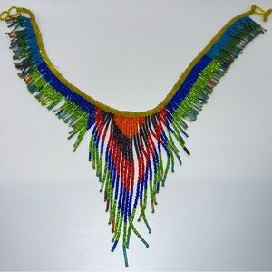 Vintage Beaded Fringe Necklace • Handmade Glass Seed Beads • Tribal Statement